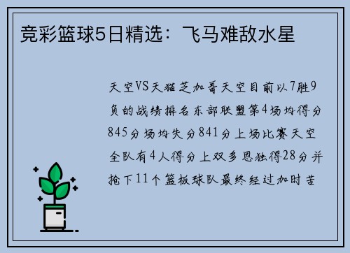 竞彩篮球5日精选：飞马难敌水星