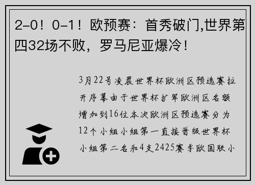 2-0！0-1！欧预赛：首秀破门,世界第四32场不败，罗马尼亚爆冷！