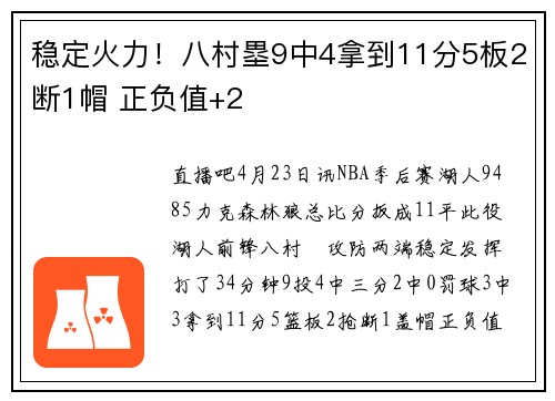 稳定火力！八村塁9中4拿到11分5板2断1帽 正负值+2